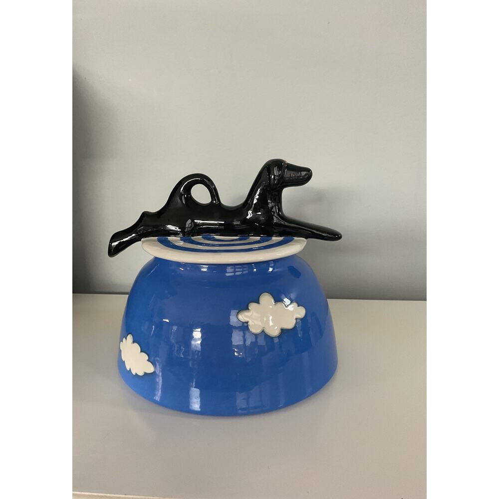 Alison Palmer Whimsical Black Dog Ceramic Lidded Cookie Jar Blue Cloud
